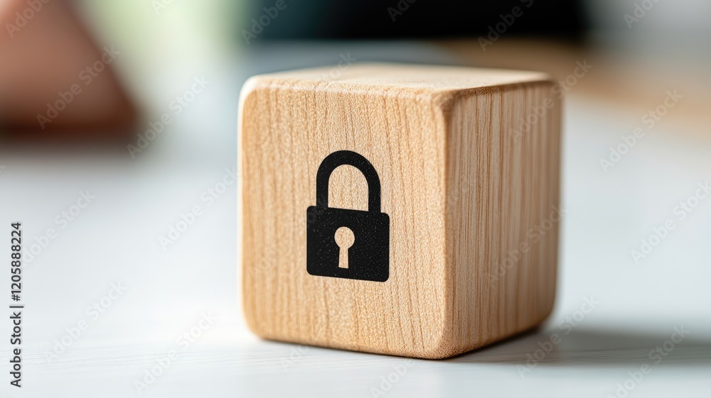 Poster wooden block with lock symbol representing security and privacy