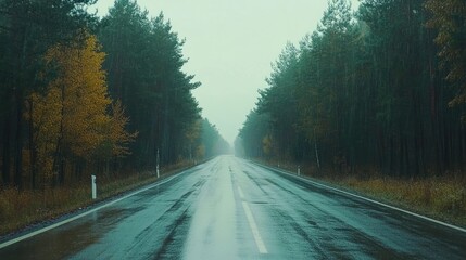 Fototapeta premium Rainy Day Road Through A Forest Of Green Trees