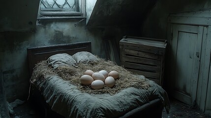 A cozy barnyard setting with eggs hidden among haystacks, wooden crates, and feeding troughs.