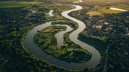 Obraz premium Aerial view of a meandering river flowing through a lush green landscape, encompassing a quaint village.