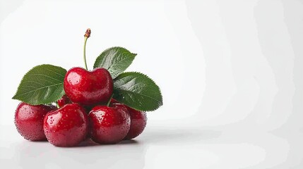 Fresh red cherries with leaves on white background, simple setup