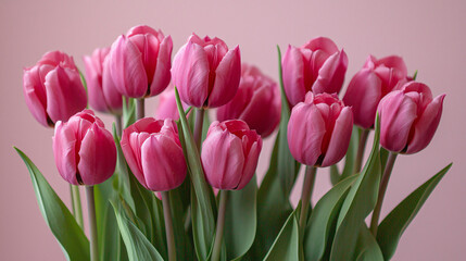 Fototapeta premium Vibrant pink tulips in a bouquet, elegantly displayed on a pale pink background, perfect for spring celebrations.