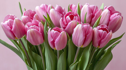 Fototapeta premium Vibrant pink tulips in a bouquet, elegantly displayed on a pale pink background, perfect for spring celebrations.