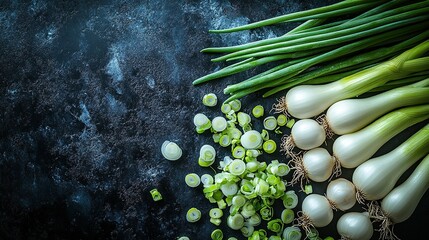 Fresh spring onions chopped on dark kitchen counter, copy space