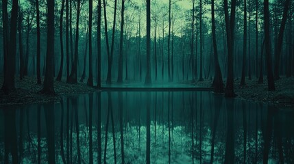 Serene forest reflecting in a still pond at dusk