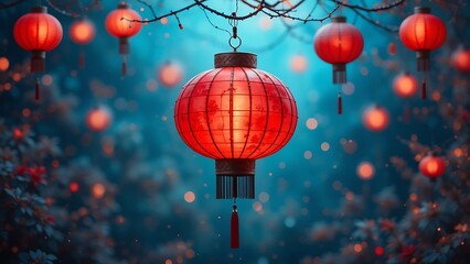 Obraz premium Red lanterns illuminate a mystical garden scene