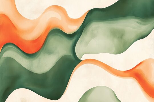 Abstract background with green, orange, beige waves. airy light gradient background blur