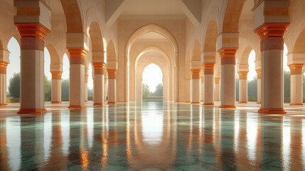 Sunlit grand hall with reflecting pool, arched columns, and tranquil garden view.
