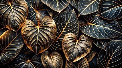 Dark elegant leaves, intricate gold veins, black and gold botanical pattern, luxurious foliage texture, dramatic lighting background