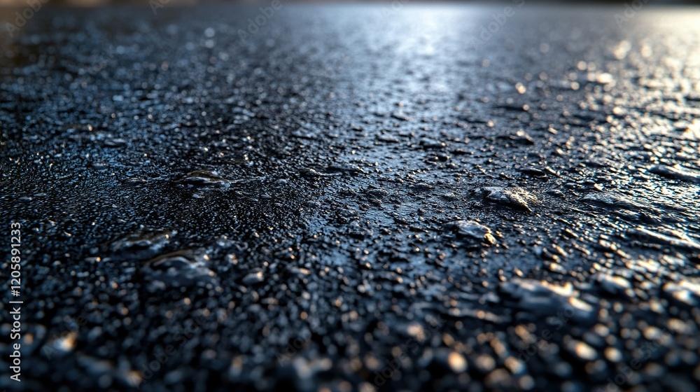 Wall mural Frozen morning dew on dark asphalt surface reflecting sunlight