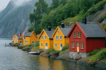 Fototapeta premium Colorful wooden houses lining a serene fjord under misty mountains in northern landscapes