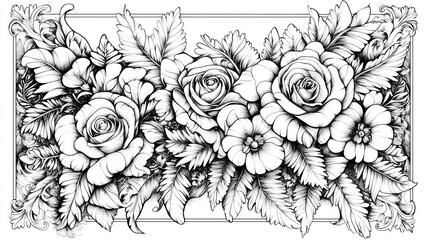 Elegant floral border design with roses and intricate leaf details printable pattern