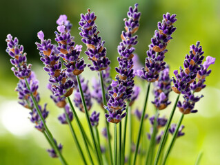 Obraz premium Lavender blooms in sharp focus with gentle spring sunlight and greenery