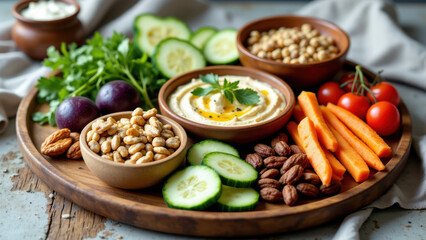 Health-conscious snack platter with hummus, veggies, nuts, and seeds on wooden board.