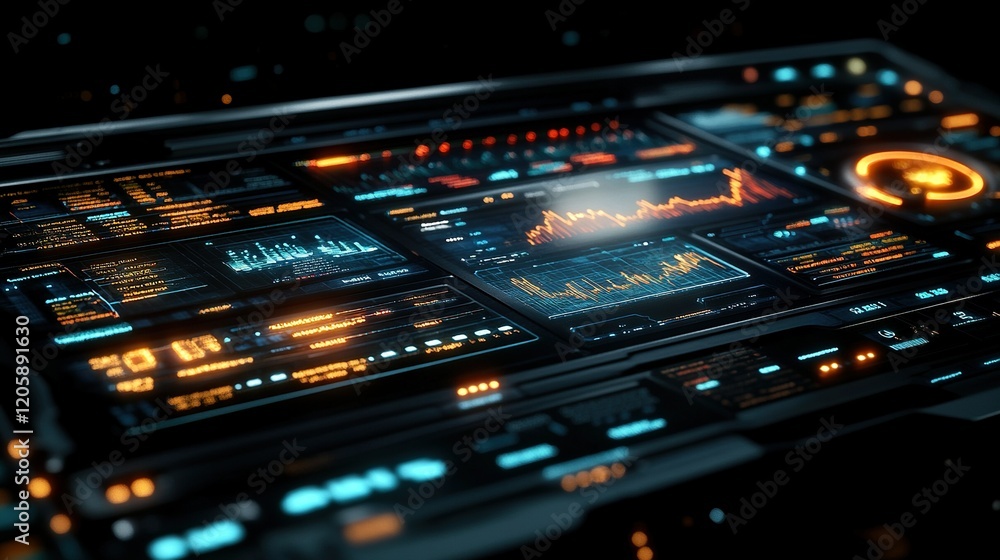 Poster futuristic control panel displays data charts in dark spaceship cockpit