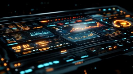 Futuristic control panel displays data charts in dark spaceship cockpit