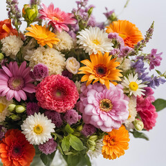 A vibrant bouquet of mixed flowers including daisies, gerberas, and zinnias, with bright colors like orange, pink, and white, arranged beautifully in a glass vase.