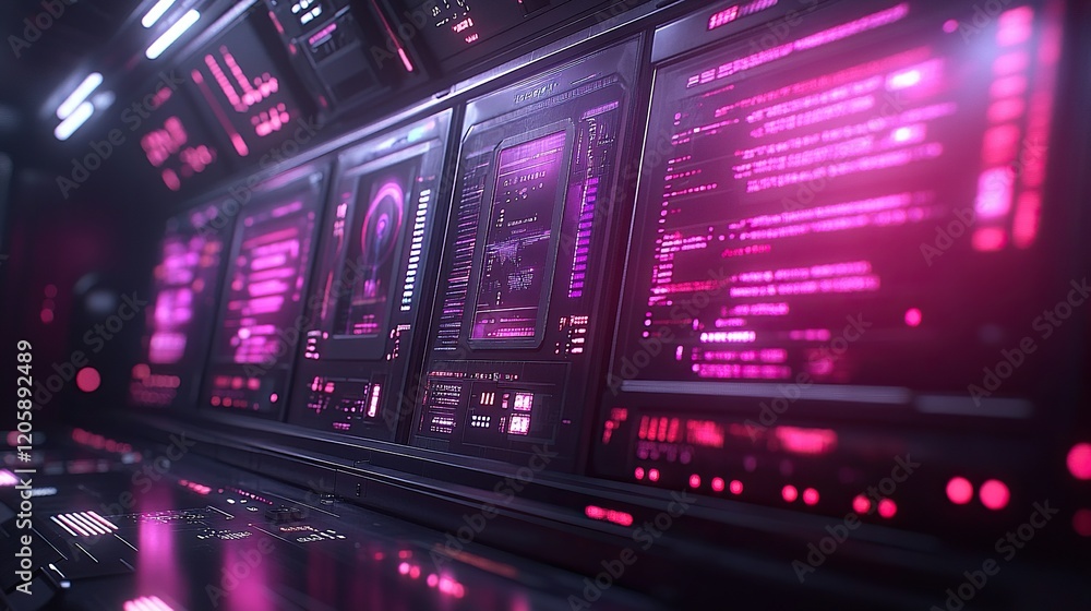 Poster futuristic control room with glowing pink data screens displaying code