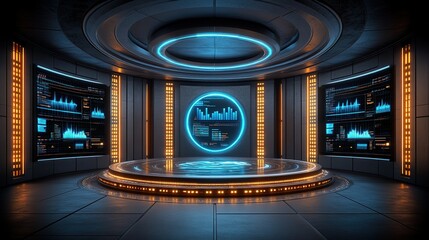 Futuristic control room with data screens and central platform