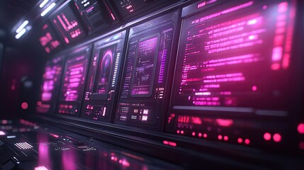 Futuristic control room with glowing pink data screens displaying code
