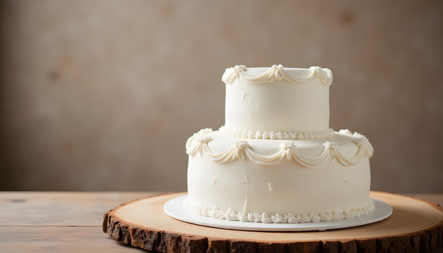Classic white wedding cake with two tiers featuring lace icing details on a simple wooden surface