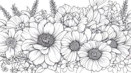 Printable floral line art design, featuring elegant large blooming flowers and delicate leaf details