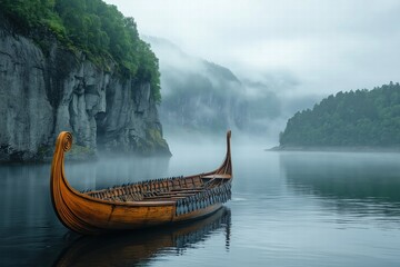 Wooden Viking ship floating on calm waters surrounded by misty cliffs at dawn