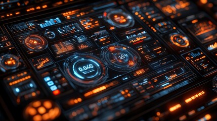 Futuristic digital interface displaying data analytics on a control panel