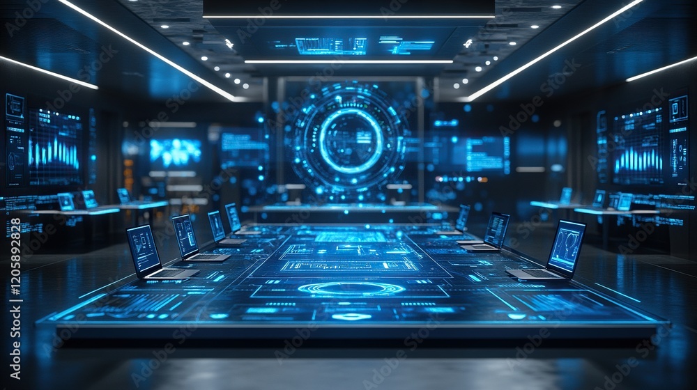 Poster futuristic control room with holographic interface, data analysis displayed on screens