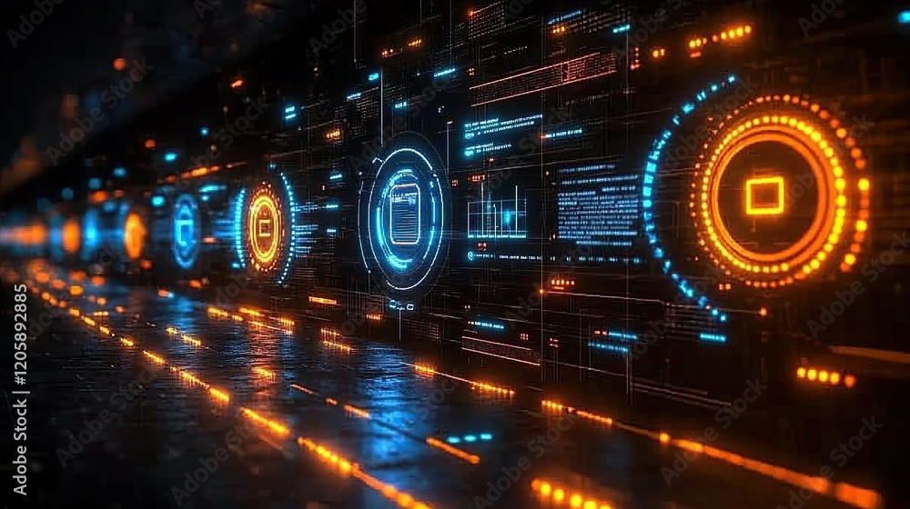 Poster futuristic digital interface in dark corridor with data stream