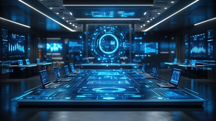 Futuristic control room with holographic interface, data analysis displayed on screens