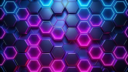 Dark hexagonal pattern, glowing neon edges, black background