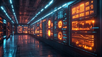 Futuristic corridor with glowing data screens displaying analytics in dark control center