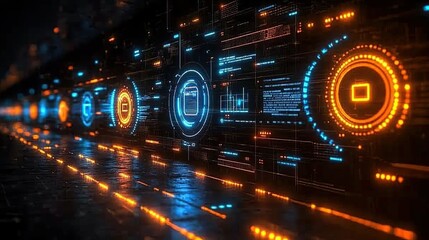 Futuristic digital interface in dark corridor with data stream