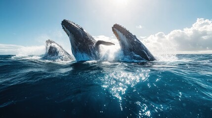 Fototapeta premium Two humpback whales breach simultaneously, a breathtaking sight