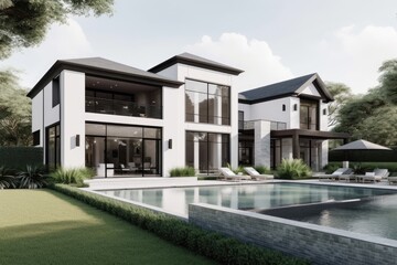 Modern White House with Pool and Lush Landscaping
