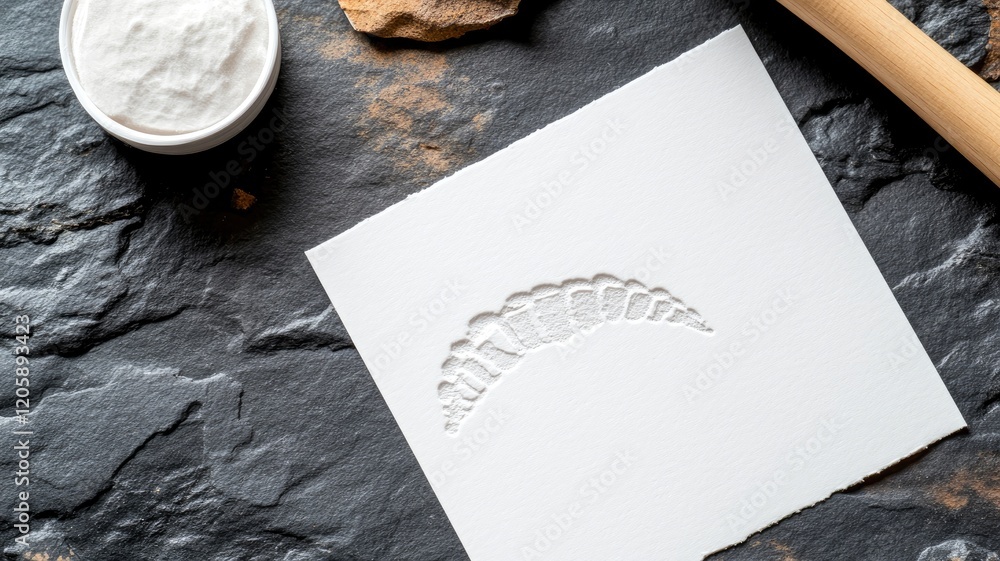 Poster tooth fossil imprint on white paper with tools stone surface