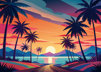 Colorful Palm Silhouettes Background: Vibrant Tropical Designs