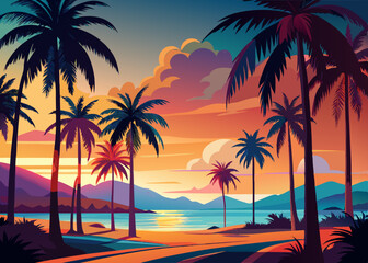 Colorful Palm Silhouettes Background: Vibrant Tropical Designs