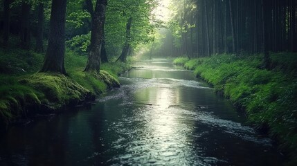 Obraz premium Serene forest stream flows through lush green trees