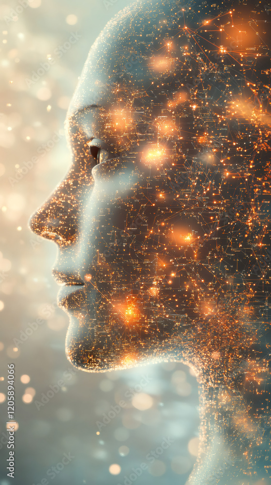 Leinwandbilder glowing electronic circuits revealing human facial features through ai, merging binary code with neu