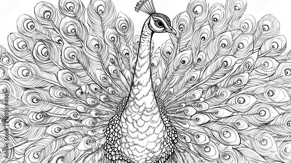 Poster detailed line art illustration of a peacock with its tail feathers fully displayed in a symmetrical 