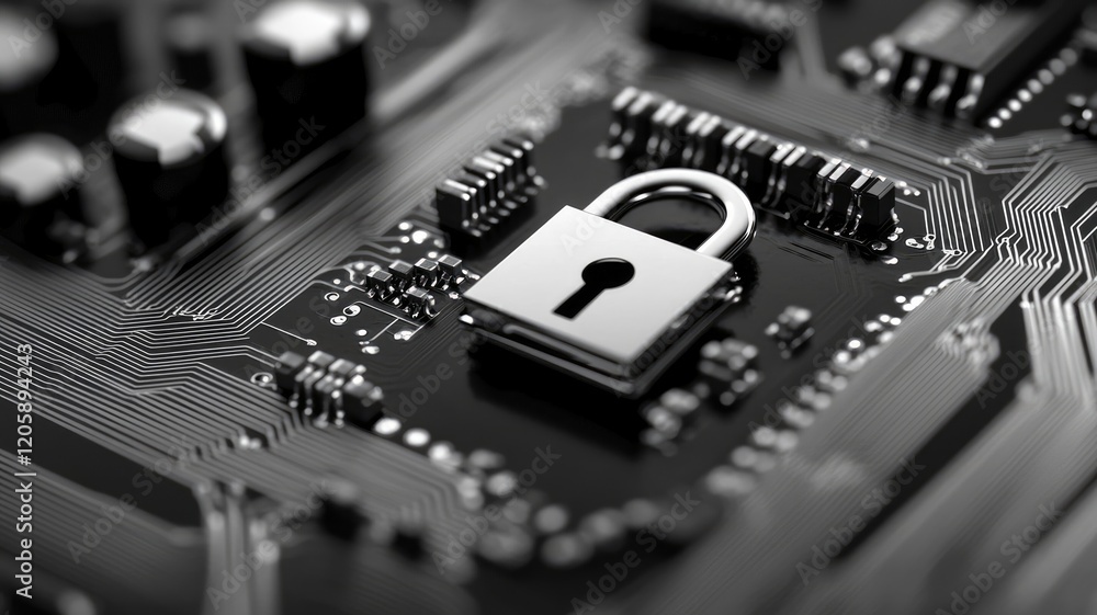 Poster close-up of padlock on circuit board symbolizing cybersecurity and data protection