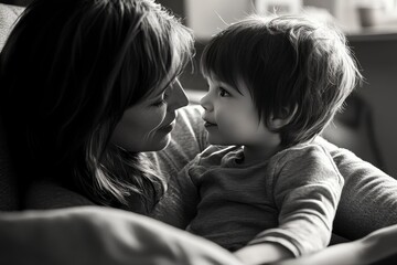A heartfelt moment: soulful conversation 
 mother with a small child at home on the sofa.