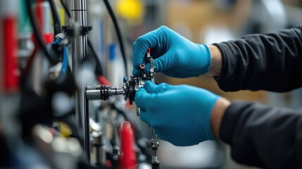 Fototapeta premium Close up of a factory worker's hands meticulously assembling a small component, highlighting the precision and care involved in the manufacturing process within a modern industrial setting