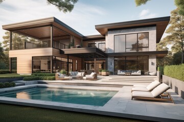 Fototapeta premium Modern House with Pool and Expansive Outdoor Living Area