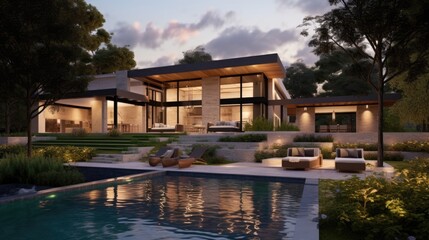 Obraz premium Modern Luxury Home With Pool And Landscaping At Dusk