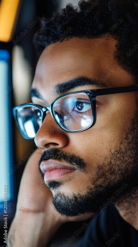 Fototapete african american programmer concentrating on computer screen, coding intensely during late-night wor