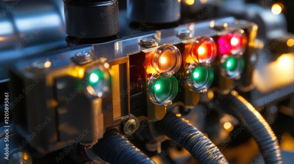 Poster close up of a control panel with blinking led lights in various colors, indicating activity and stat