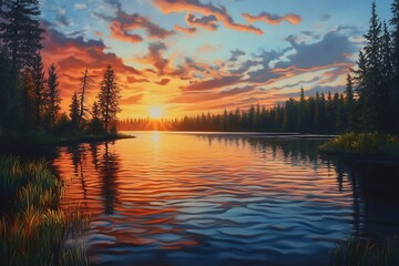 Fototapeta premium Serene sunset over a tranquil lake surrounded by trees.